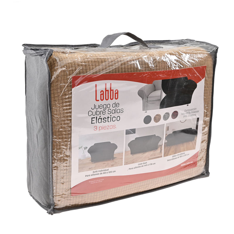 Protectores ajustables de sillón LABBA | Set de 3 piezas elásticas color Camel