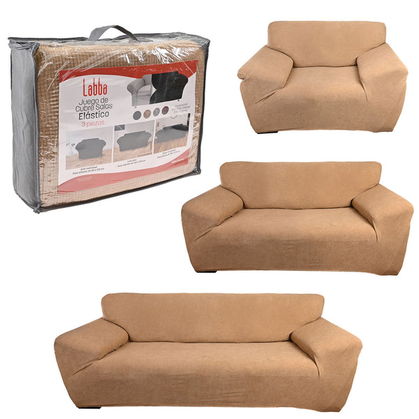 Protectores ajustables de sillón LABBA | Set de 3 piezas elásticas color Camel