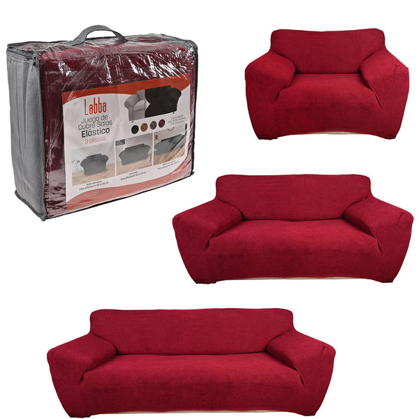 Protectores ajustables de sillón LABBA | Set de 3 piezas elásticas color Rojo vino